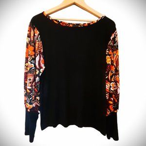 PRETTY STORM Stretch Autumn Floral flared sleeve color scoop neck top EUC Sz XL